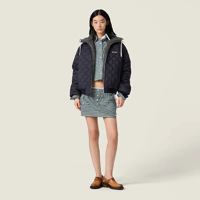 miu miu navy shearling collar diamond quilted drawstring casual jacket